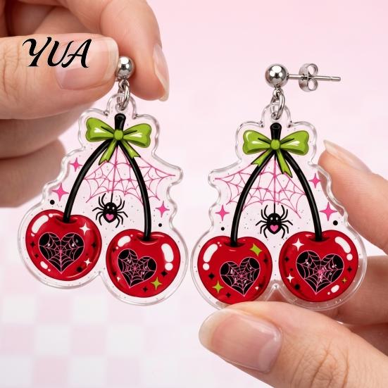 Halloween Party Jewelry 1 Pair Acrylic Cherry Earrings for Women, 2D Fruit Dangle Drop Creative Spider with Web And Bow, Punk Versatile Daily