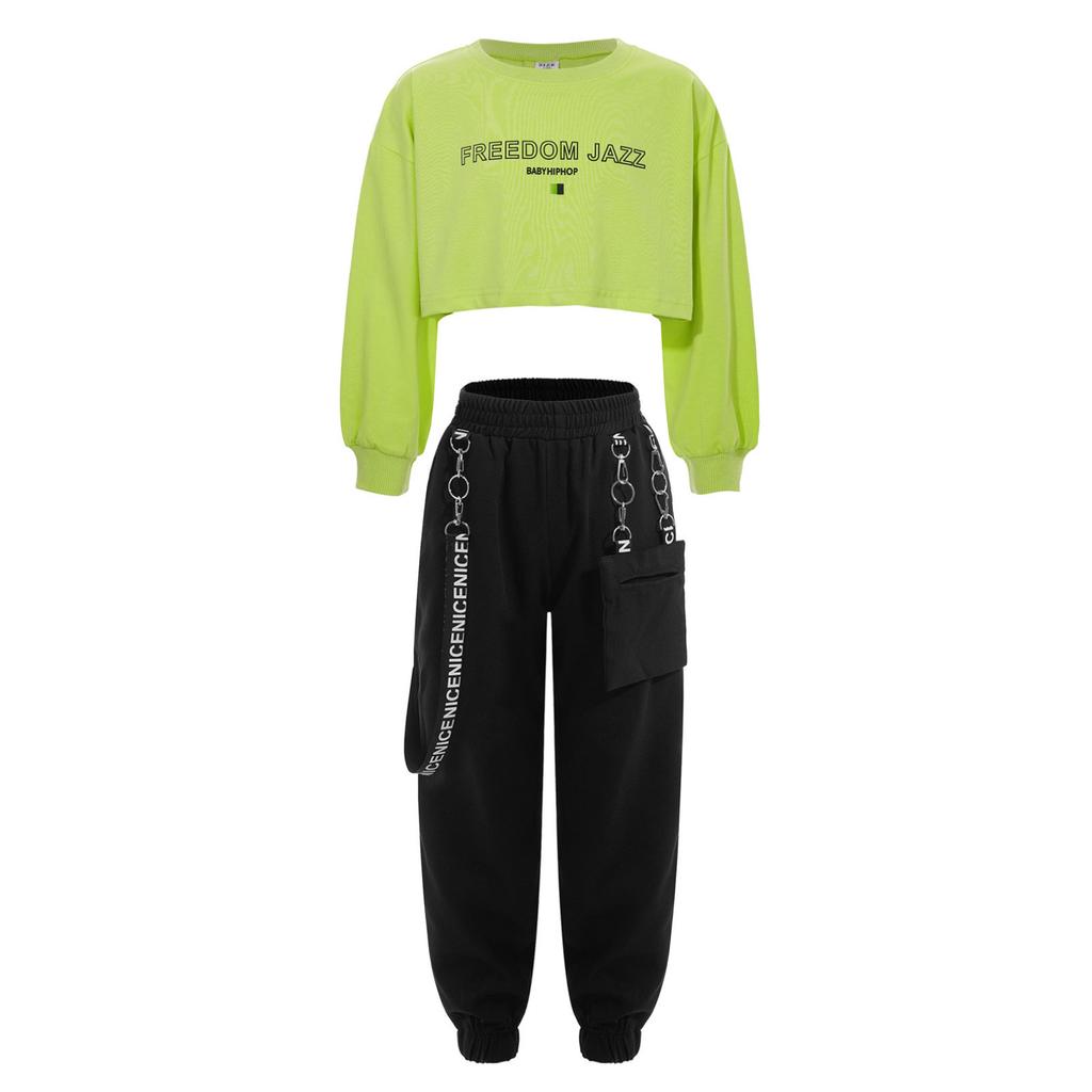 Детский укороченный топ с круглым вырезом и длинными рукавами с буквенным принтом для девочек и брюки для джазовых танцев, хип-хопа, скейтбординга