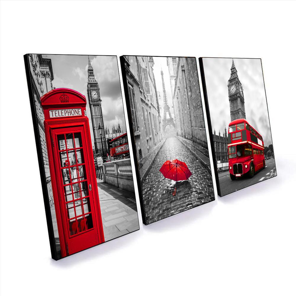 3 предмета Life Wall Art Лондон Красная телефонная будка Автобусный зонтик Печать на холсте Черно-белые фотографии города для дома Современное украшение Декор для гостиной 3 шт.