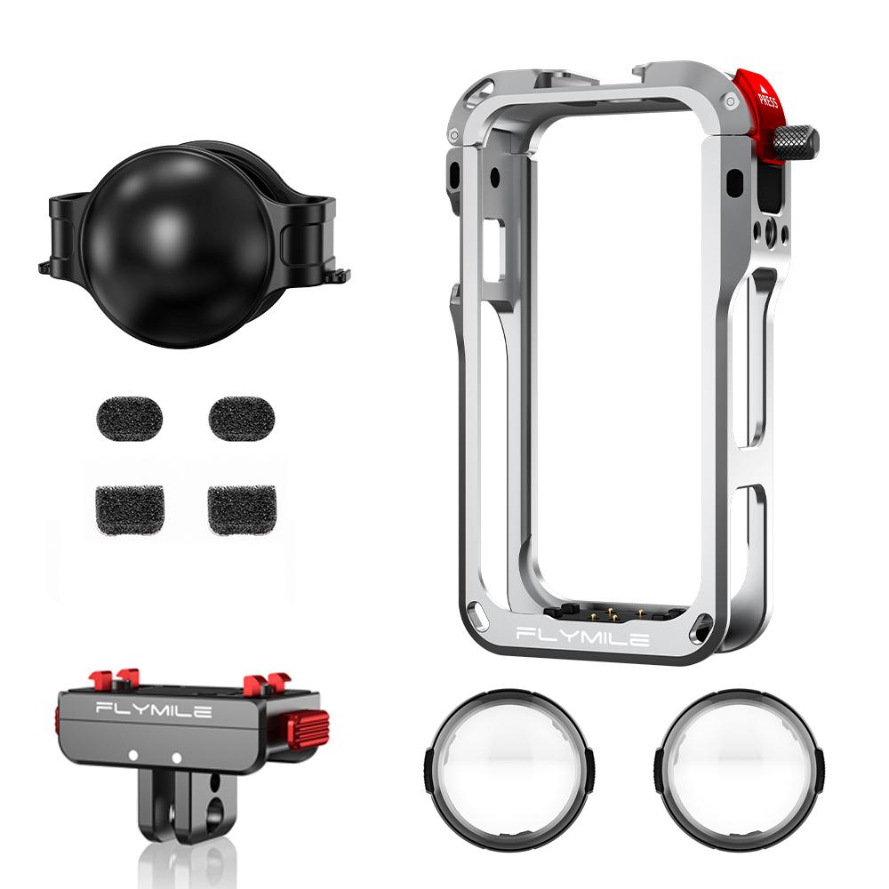 Металлическая клетка Flymile для аксессуаров Insta360 X6 Алюминиевый сплав Защитный чехол Серебристо-белая Рамка-клетка для камеры с крышкой для объектива