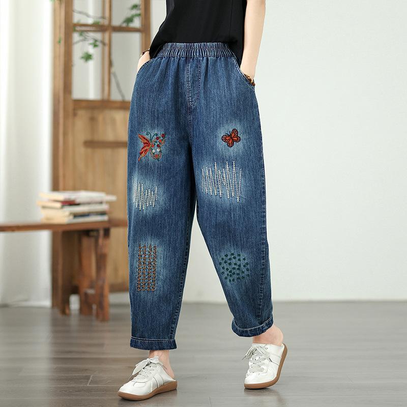 Fashion Embroidery High Waist Harem Pants Women Vintage Streetwear Denim Pants Female Casual Pocket Woman Jeans Pants 2025