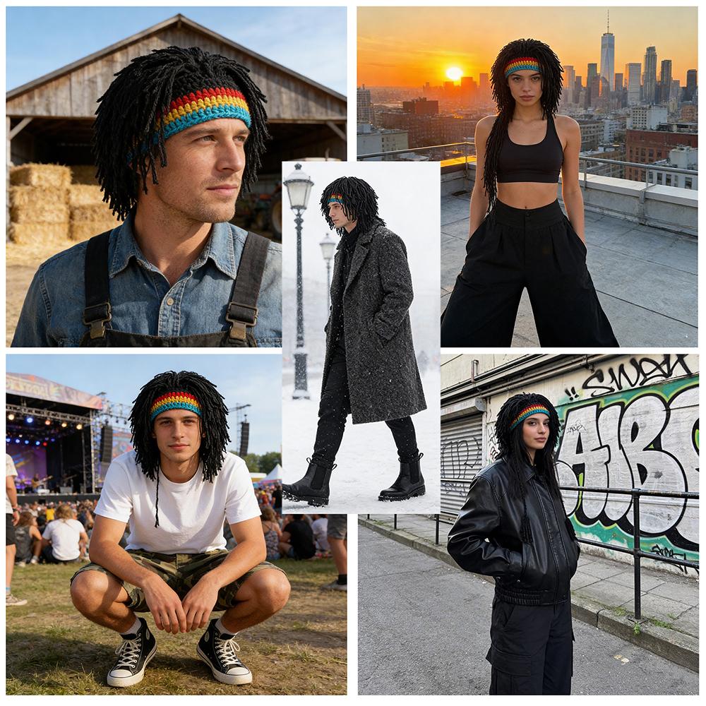 Unisex Rasta Dreadlock Wig Knit Beanie Hat, Reggae Rainbow Stripe Crochet Hat, Funny Hip Hop Dreadlocks Wig Cap for Halloween Party Cosplay