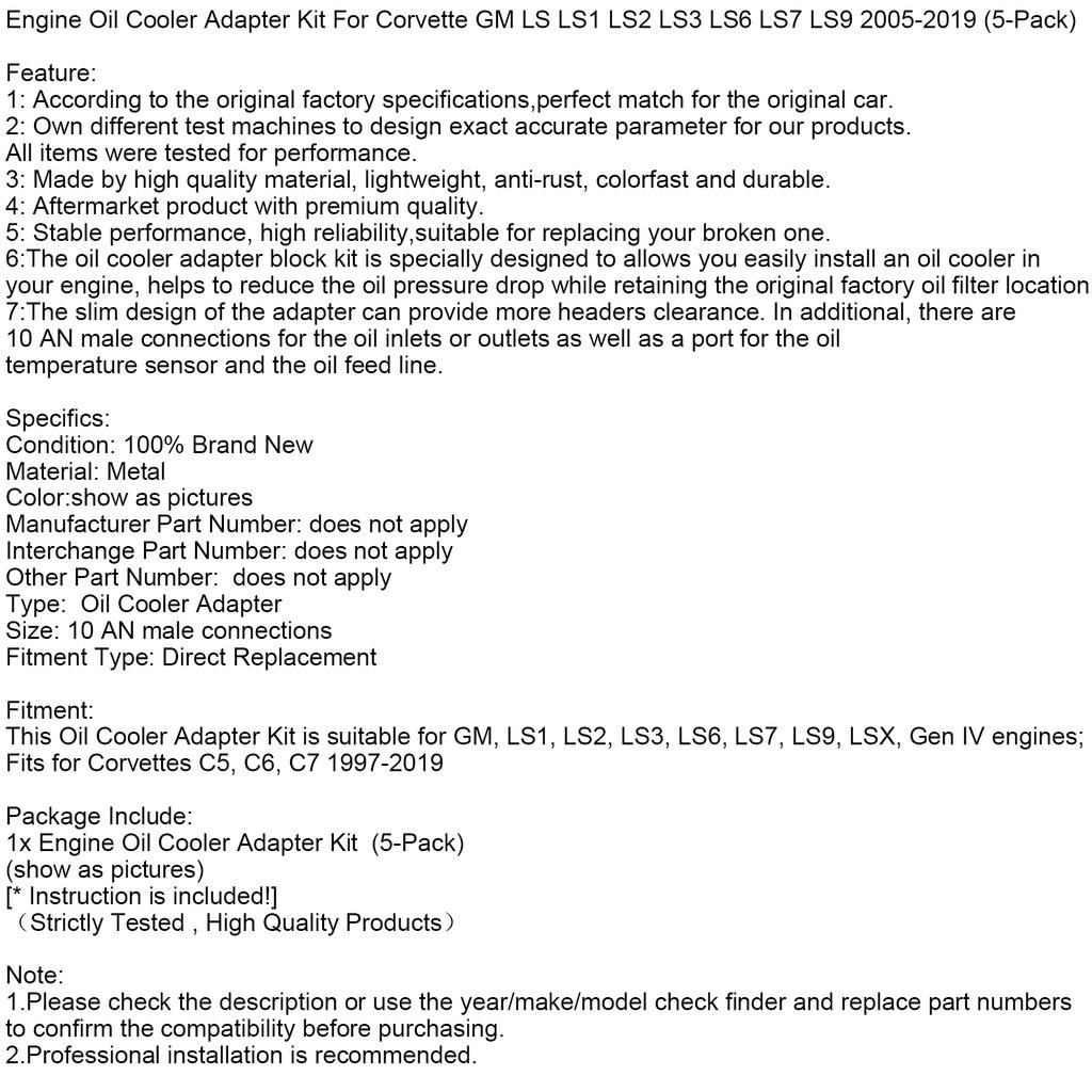 Engine Oil Cooler Adapter Kit For Corvette GM LS LS1 LS2 LS3 LS6 05-19 (5-Pack)