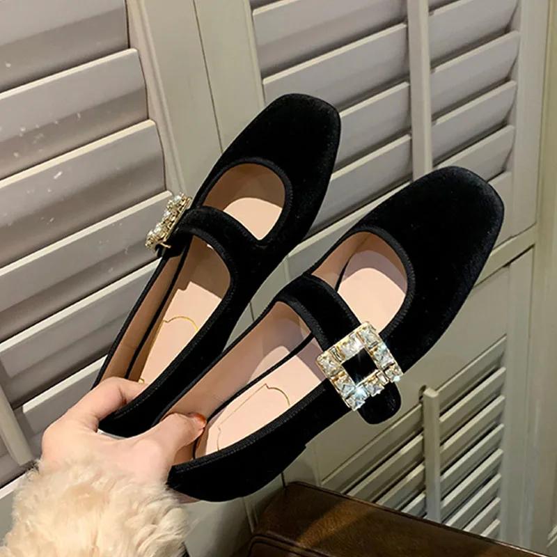 Женские туфли Мэри Джейн, мягкие балетки, черные бархатные лакированные туфли, туфли со стразами и квадратной пряжкой на ремешке, женские рабочие туфли