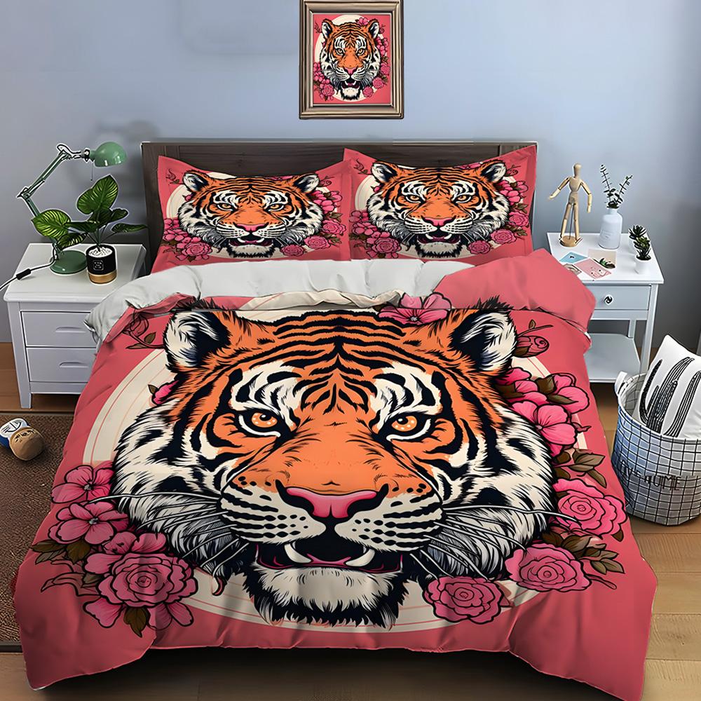 Tiger Surrounded by Pink Flowers Print Soft Comfortable Duvet Cover Bedding Set Included 1*Duvet Cover  2*Pillowcases