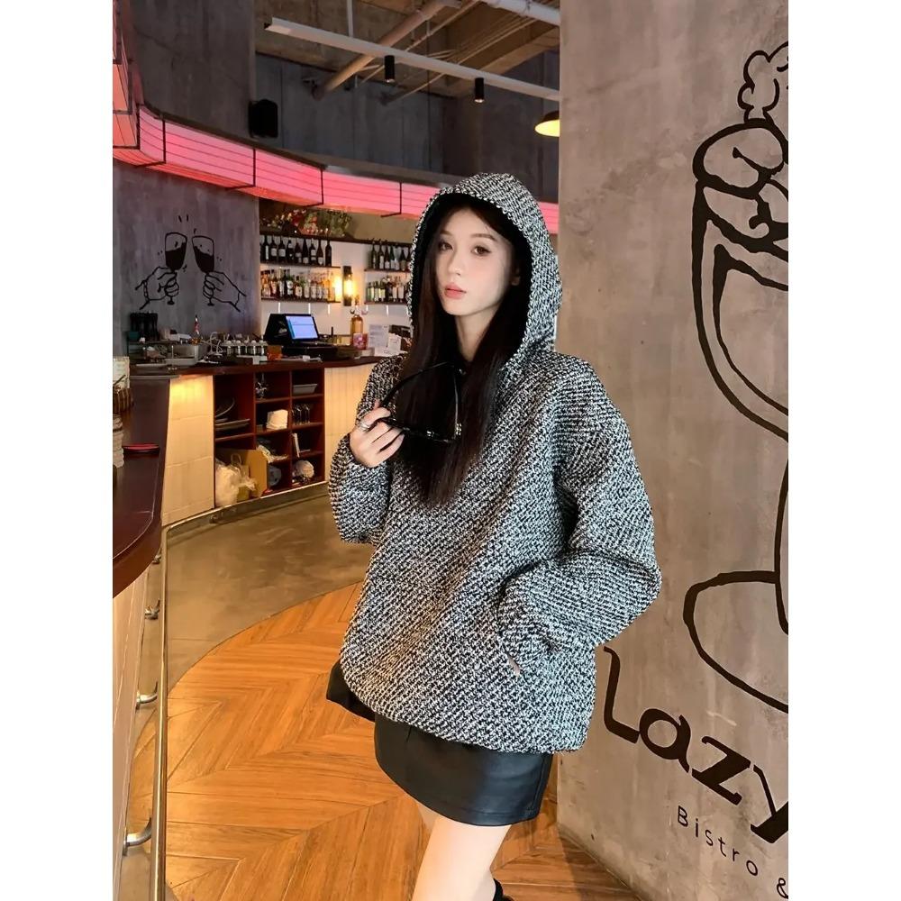 Woman Tops Baggy Autumn and Winter Hoodies Cold Hooded Tweed Sweatshirt for Women Loose Warm Thick Nice Color Sport Y 2k Vintage
