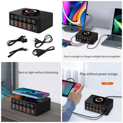 Настольное USB C Быстрое Зарядное Устройство 65 Вт 6 Портов (5x USB + 1x порт USB C) Разветвитель зарядного хаба с поддержкой беспроводной зарядки 15 Вт