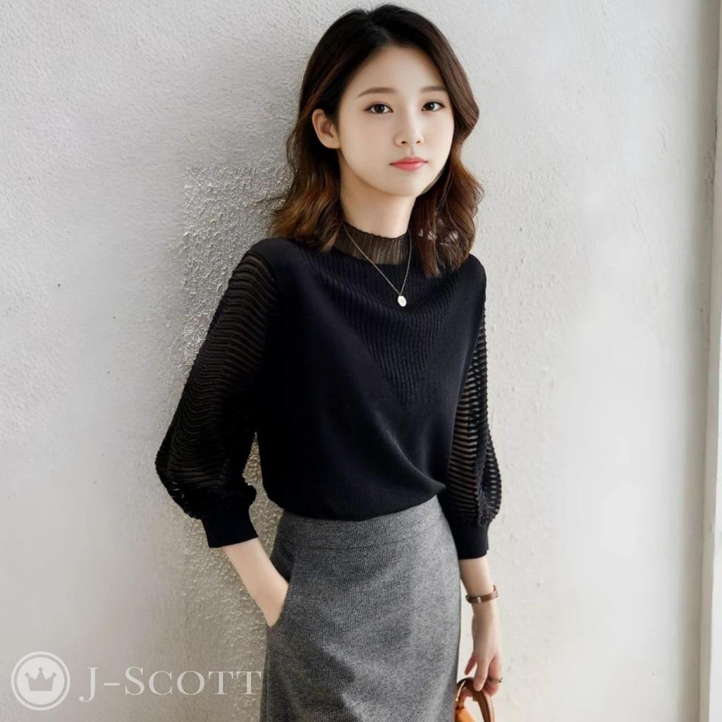 J-Scott Balloon Sleeve Knit Top with Lace Neck, Ribbed Design, Stand-Up Collar, 3/4 Sleeves, Sheer, and Puff Sleeves, Black (JS92-BK-M)