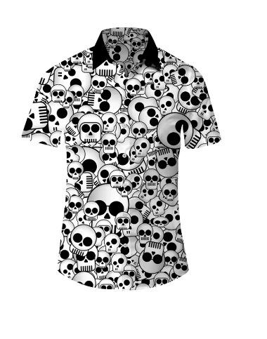 Vintage Men's Shirt Hip Hop Skull Pattern Short Sleeve Oversized Top Casual Hawaiian Men's Clothing Collar Button