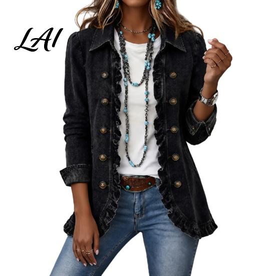 Floral Embellished Blazers Women Bohemia Jacket Open Front Ruffled Turndown Collar Coat Daily Wear Coats Slim Fit Casual Long Sleeve Outwear
