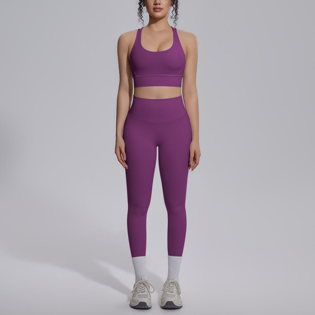 Double-sided nylon solid color cross beauty back tight nude sportswear set running fitness yoga suit set