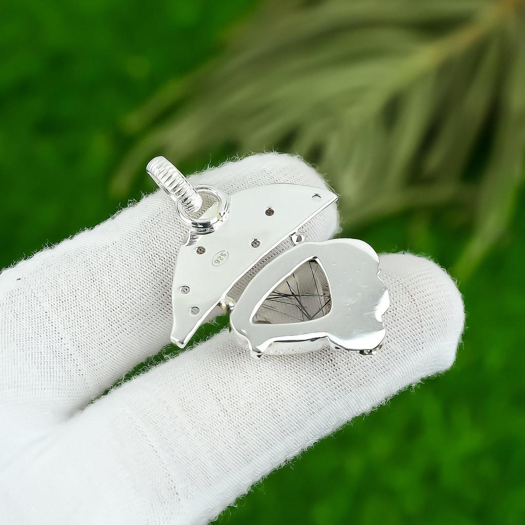 925 Silver Trillion Natural Black Rutile Anniversary Daughter Bezel Boho Pendant