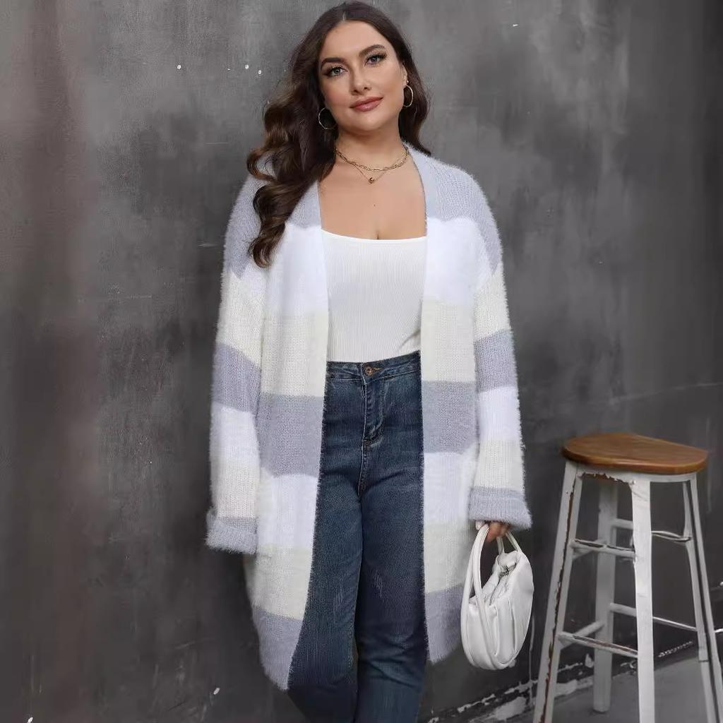 Женский свитер большого размера в полоску с двойным карманом и контрастными цветами, осенне-зимний