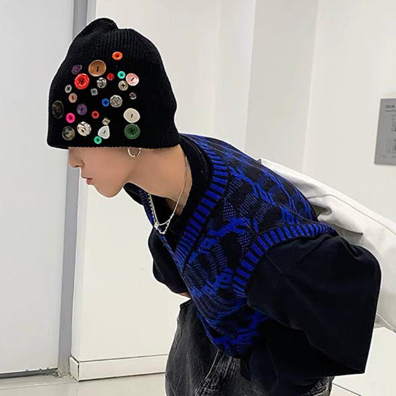 Корейская дизайнерская красочная шапка на пуговицах, шерстяная шапка, женская осенне-зимняя модная уличная вязаная шапка, индивидуальная холодная шапка