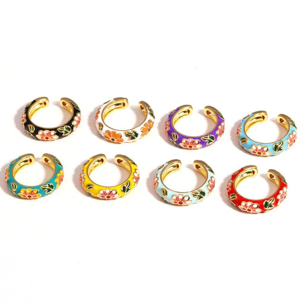 Dripping Oil Enamel Ring Colorful Flower Finger Ring Adjustable Opening Ring Ladies