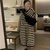 Black and White Striped Woolen Dress Sweater Women Autumn Korean Version Long Sleeve Over Knee Length Pullover Knit Dress Female