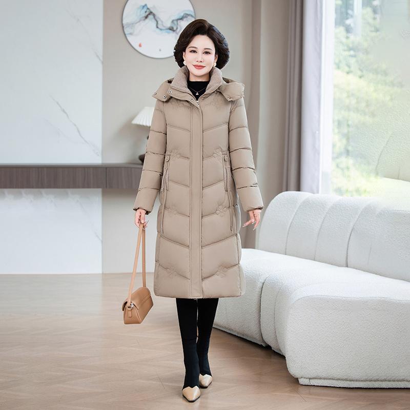 Middle-aged and elderly thickened long padded jacket women, hooded windproof padded jacket, simple solid color mother winter coat