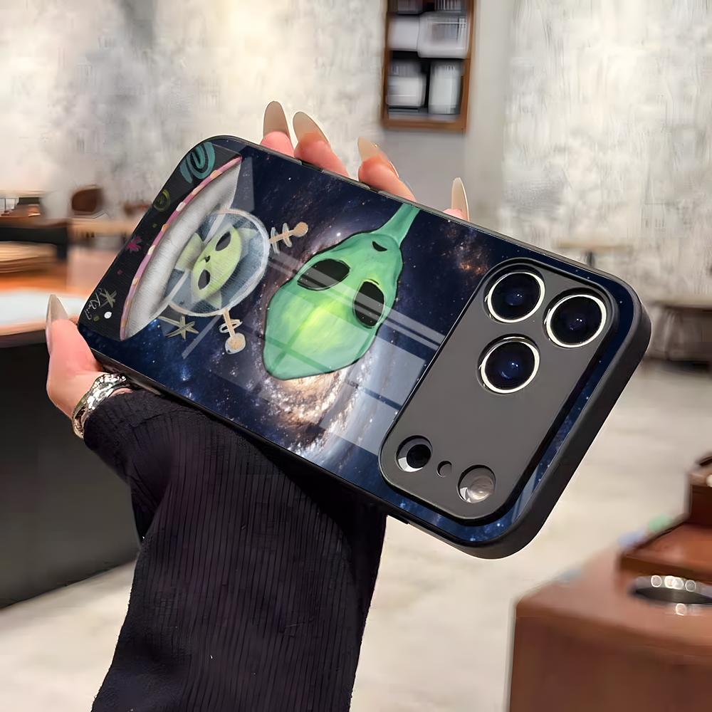Смешной Космический НЛО Инопланетная Штука Чехол Для Телефона Для IPhone 17 Air 16 E Pro Max 15 14 13 Mini 12 Pro 11 Max Plus Черная Стеклянная Крышка