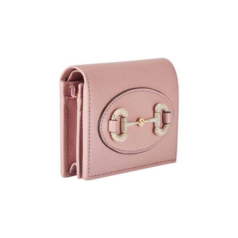 Gucci Horsebit 1955 Horsebit snap closure crystal gold tone accessories leather card holder wallet women's light pink