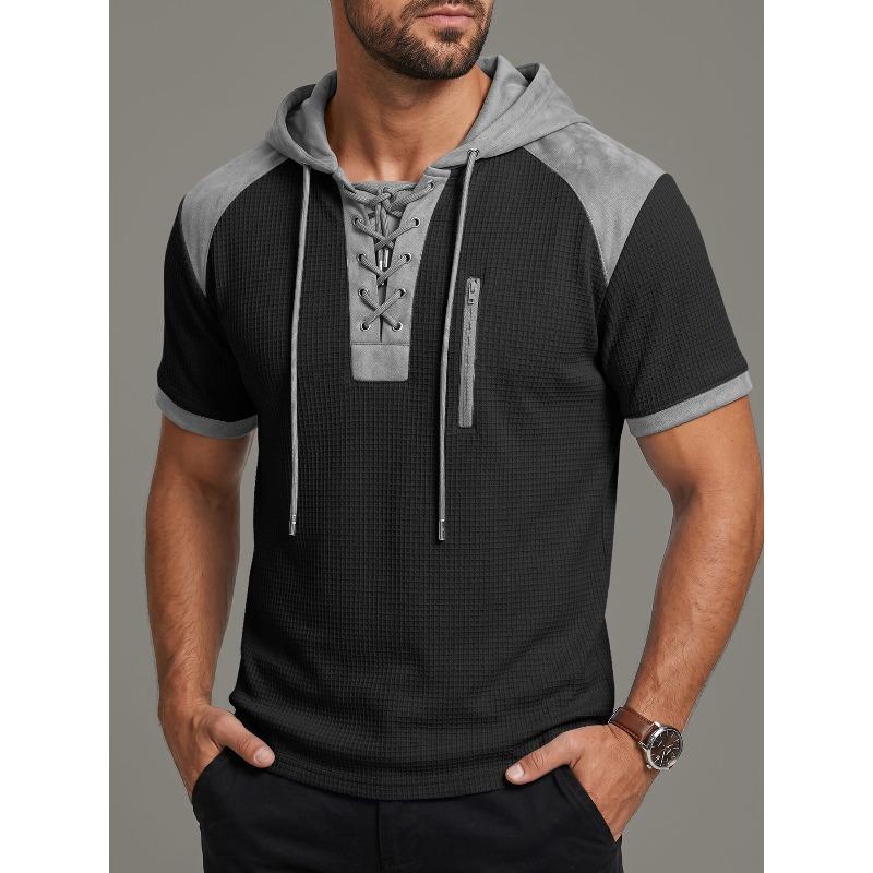 Мужская футболка-henley с капюшоном, коротким рукавом, цветовыми блоками и завязками, повседневная.