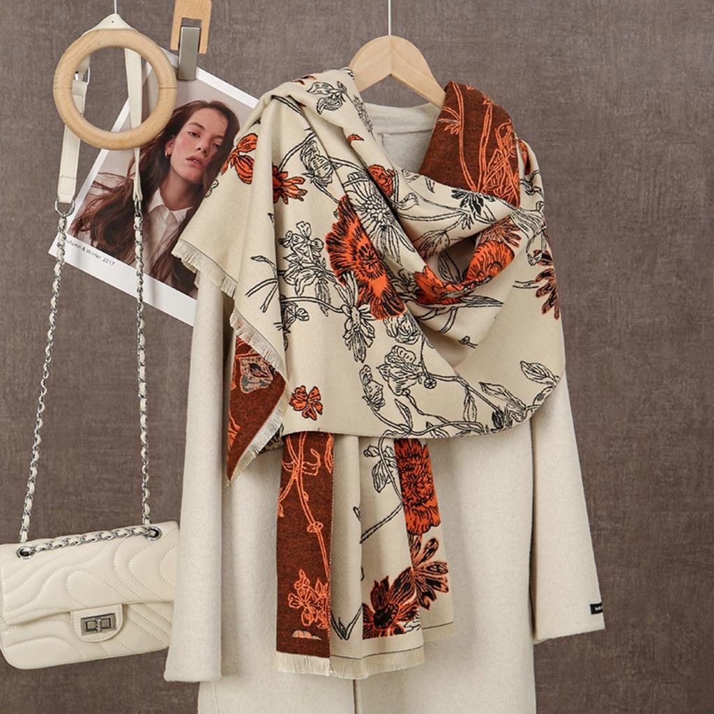 Peony Printed Cashmere Scarf Women Winter Luxury Pashmina Blanket Thick Shawl Wrap Neckerchief Fashion Bufanda Echarpe Poncho