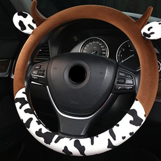 Cow Car Steering Wheel Cover with Horns Ears Anti Slip Sweat Absorption Comfortable 15 Inch Universal Women Auto Steering Wheel Protector Car