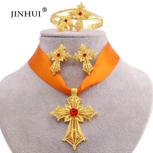 Эфиопский позолоченный крест, ювелирные наборы, кулон, ожерелье, серьги, кольцо, Дубай, подарки для женщин, свадебный комплект из Эритреи