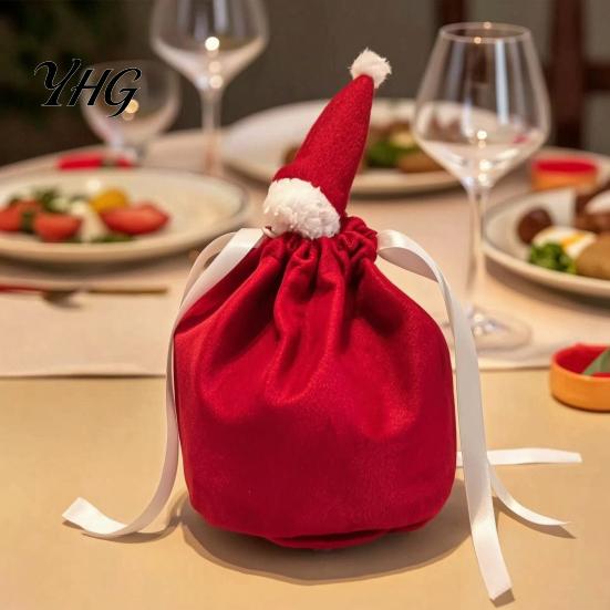 Holiday Candy Packaging Bags Christmas Drawstring Gift with Santa Hat, Reusable Velvet Xmas Goodie Sacks, Festive Claus Pouches Apple Treat Pouch for