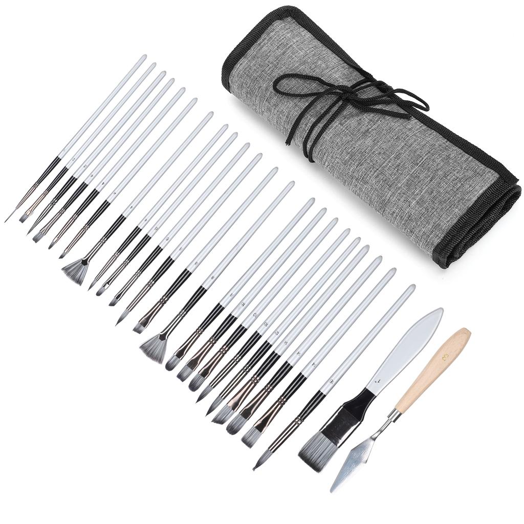 24Pcs Painting Brush Set Nylon Wool Wooden Handle with Bag for Acrylic Watercolor PaintGray