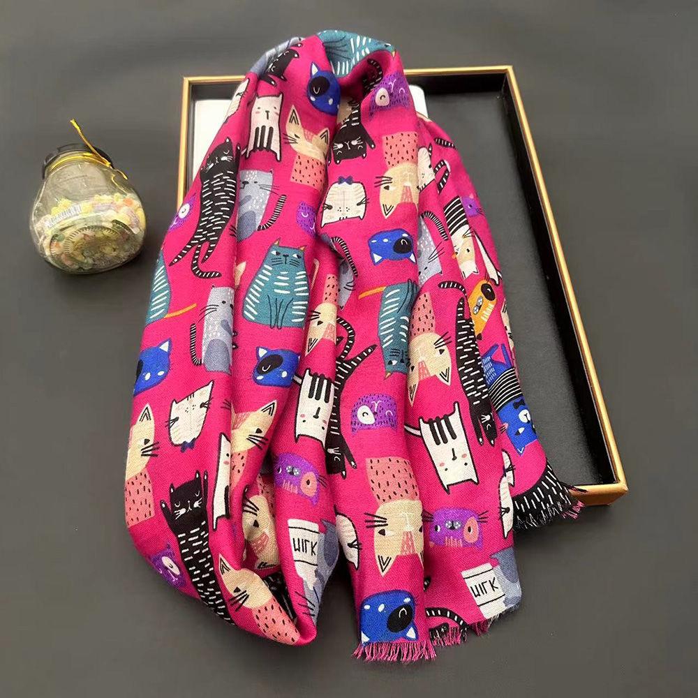 Lovely Animal Cartoon Cute Cat Pattern Fringe Viscose Scarf Lady Girls Print Soft Shawls And Wraps Pashmina Muslim Hijab Sjaal