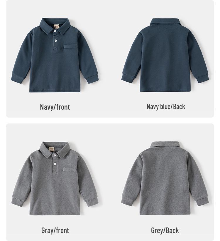 Детская футболка-поло с длинным рукавом 2024: Утепленный топ с лацканами в корейском стиле для мальчиков - Осенняя коллекция.