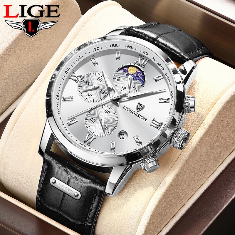 LIGE quartz wristwatch brand luxury classic leather men's watch date chronograph simple watch for men Relogios Masculino
