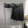 2025 A/W Black Pleated Leather Skirt with Detachable Velcro Pockets & Patchwork A-line Design