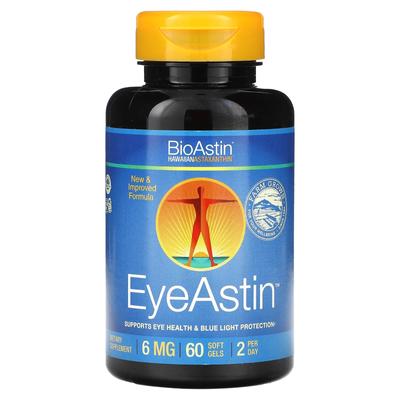 BioAstin, EyeAstin, гавайский астаксантин, 6 мг, 60 мягких капсул (3 мг на мягкую капсулу)