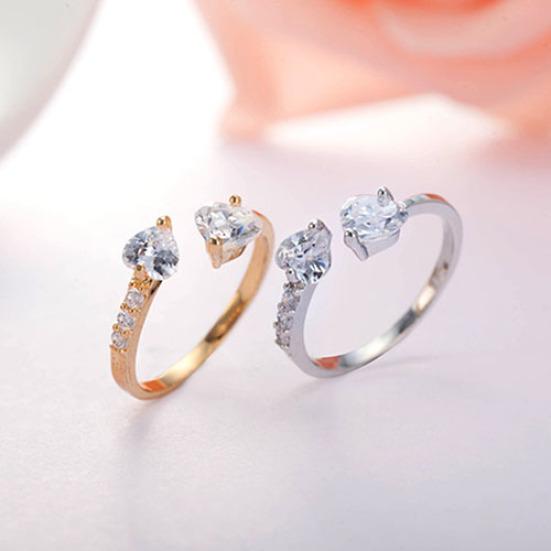Women's Double Love Heart Open Ring Shiny Zircon Copper Wedding Bridal Jewelry