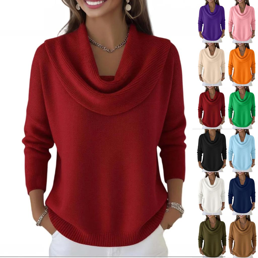 Women's Casual And Fashionable Round Neck Long Sleeved Knitted Solid Color Top Sweater