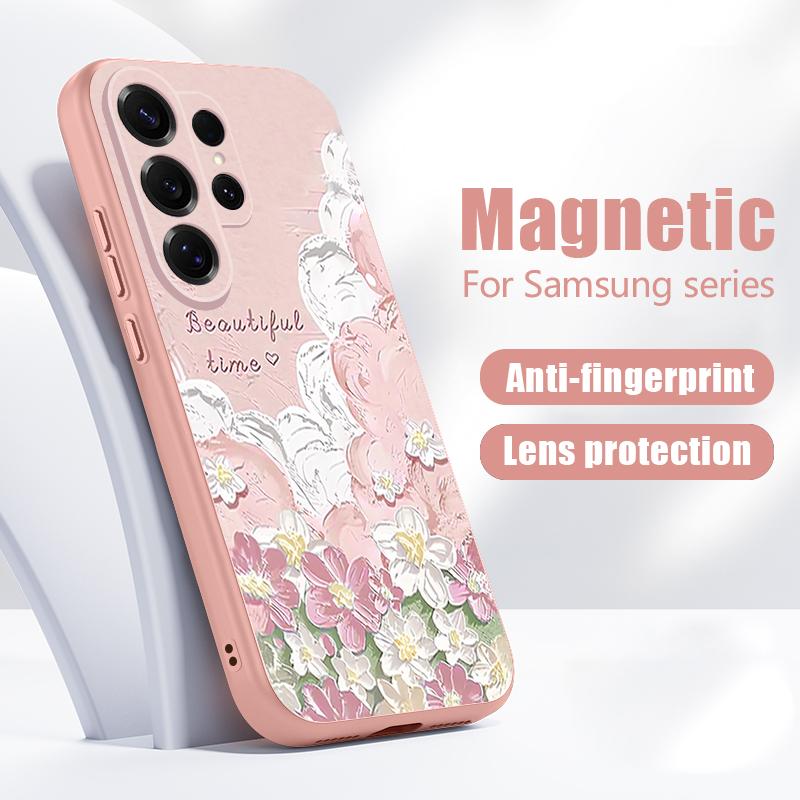 Магнитный Чехол Для Magsafe Для Samsung Galaxy S26 Ultra S25 Edge S24 Plus S23 FE S22 A17 A54 A55 A56 A57 5G Масляная Живопись Цветочный Рисунок Обложка