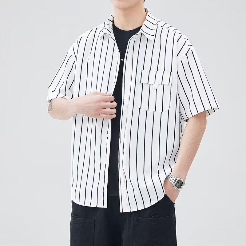Весна-лето Мужская полосатая рубашка с отложным воротником и коротким рукавом, дышащая, для деловых поездок
