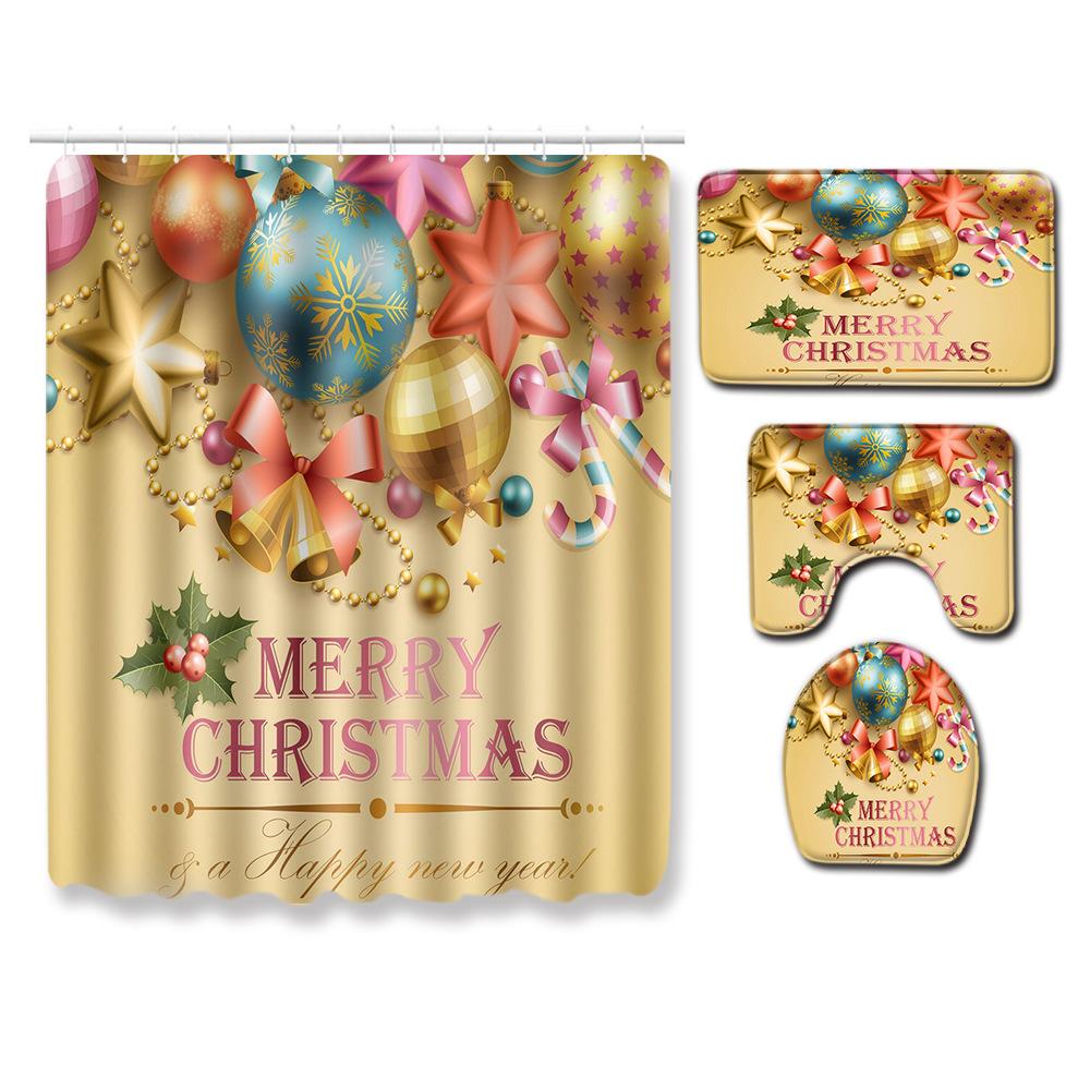 Christmas Waterproof Shower Curtain Four-Piece Combination Floor Mat Entrance Door Mat Bedroom Living Room Carpet
