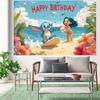 2D Flat Party Backdrop Banner - Beach Theme Happy Birthday with Surfing Character, Polyester Photo Background for Party Decor (Multiple Sizes)