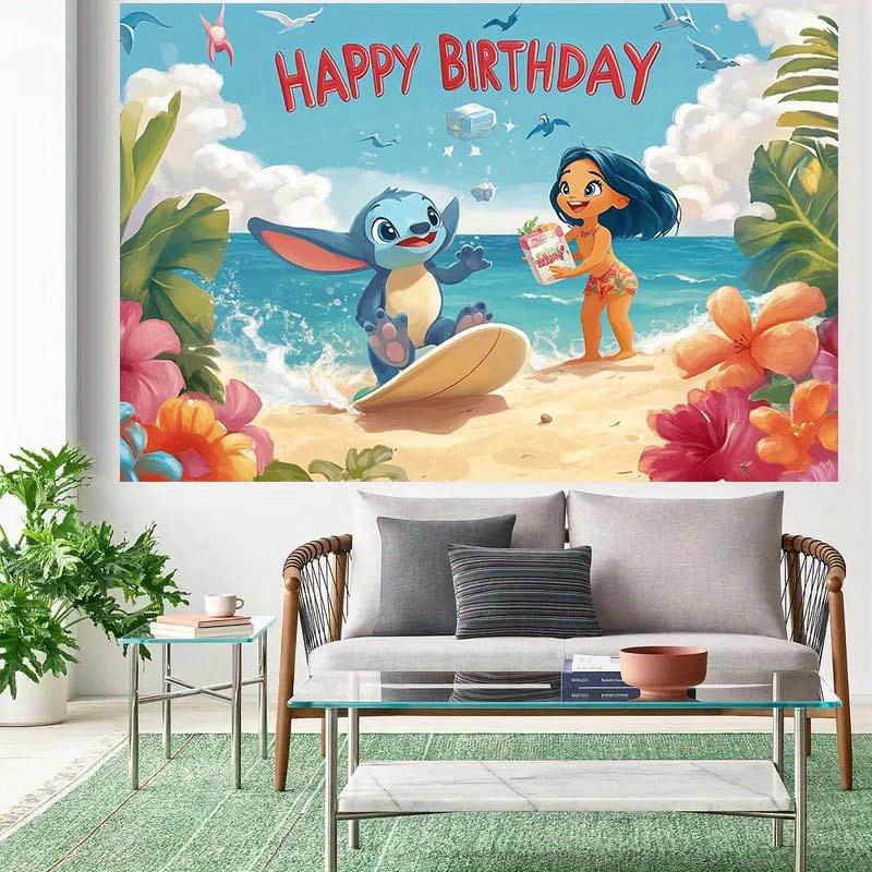 2D Flat Party Backdrop Banner - Beach Theme Happy Birthday with Surfing Character, Polyester Photo Background for Party Decor (Multiple Sizes)