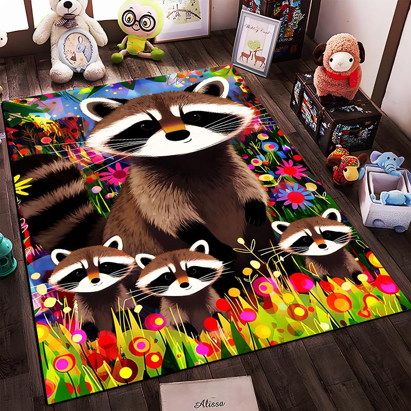 "Colorful Raccoons in Vibrant Floral Meadow Cartoon Design Rug" Suitable for use as an anti-slip for living room bedroom sofas