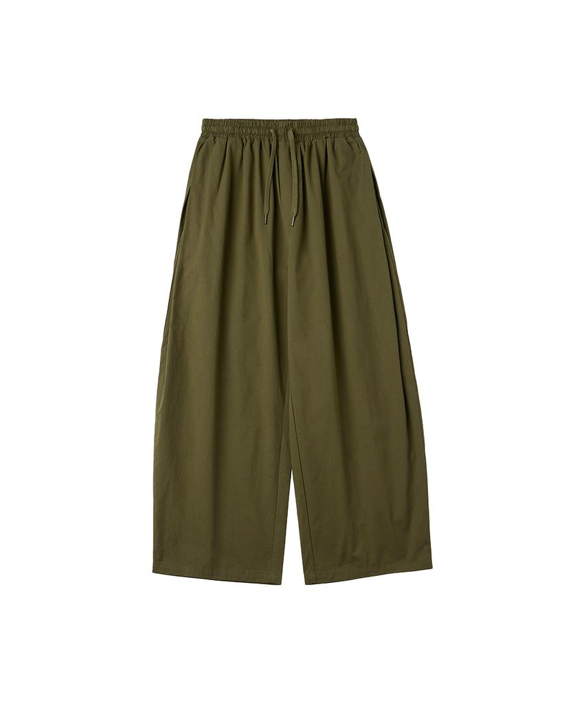 URBANAGE Balloon Fit Curved Pintuck Cotton Elastic Waist Pants_Khaki