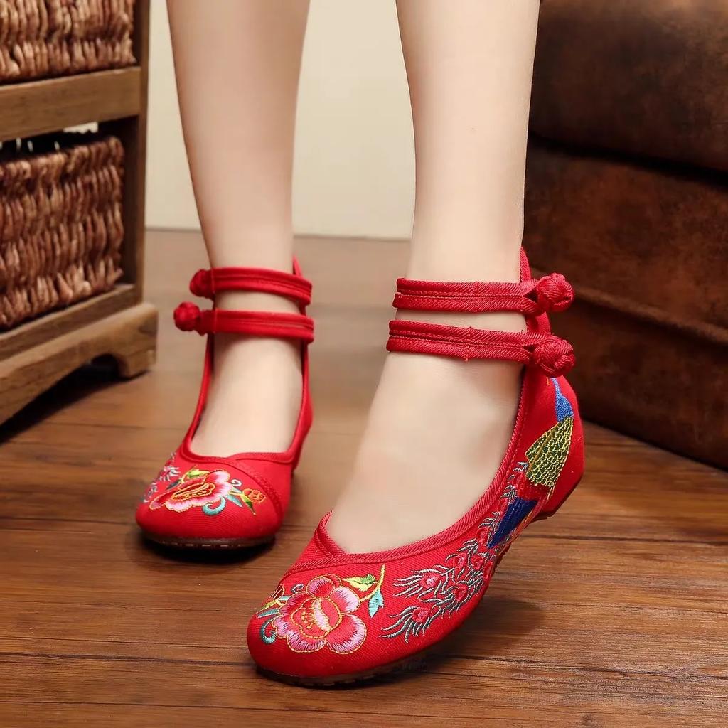 Women Cute Red Floral Embroidery Anti Skid Flat Shoes Zapatos De Mujer Lady Cool Comfort Black Vintage Shoes Ab653