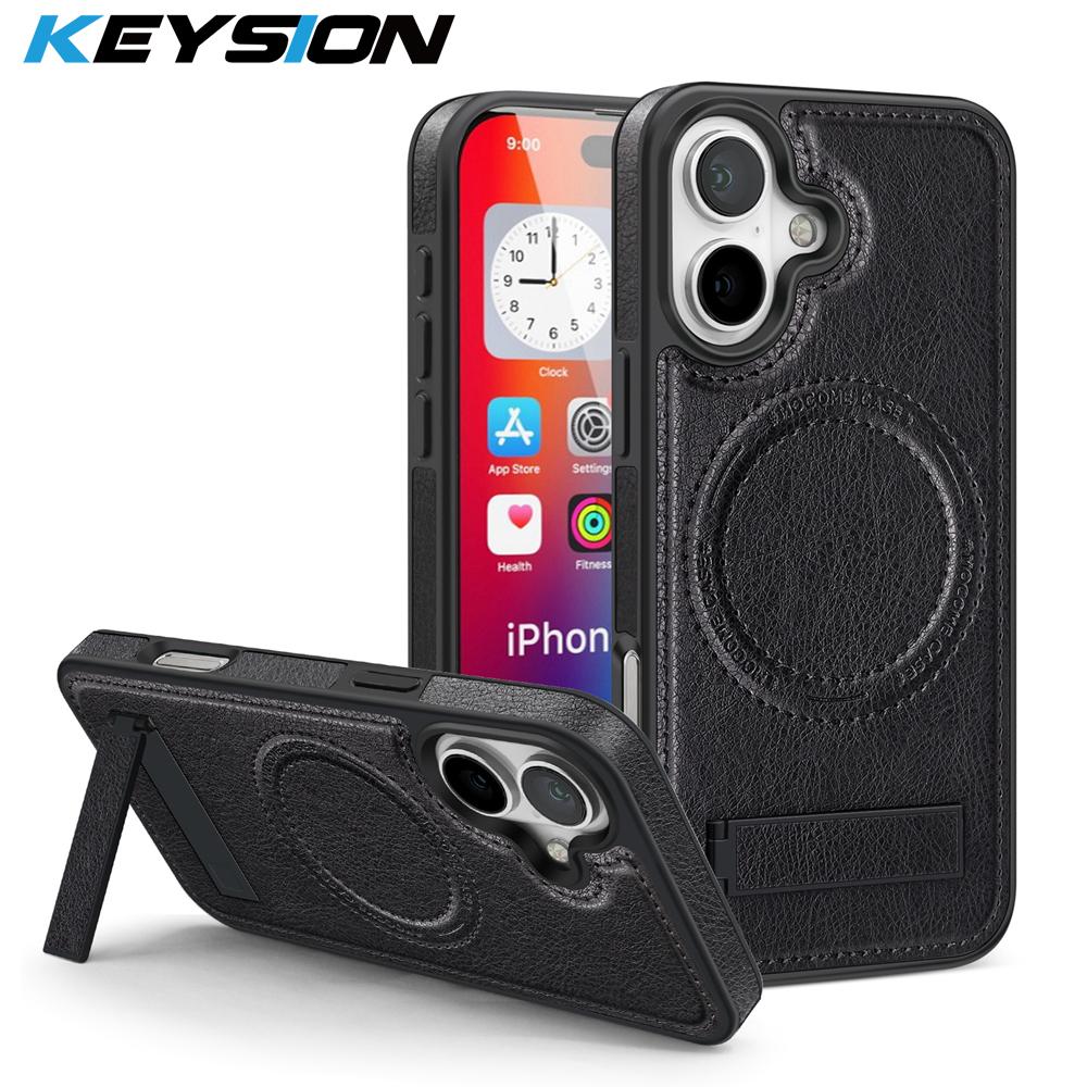 KEYSION Роскошный магнитный чехол из искусственной кожи для MagSafe для iPhone 16 Plus 15 с подставкой, противоударный чехол для телефона для iPhone 15 16 Plus