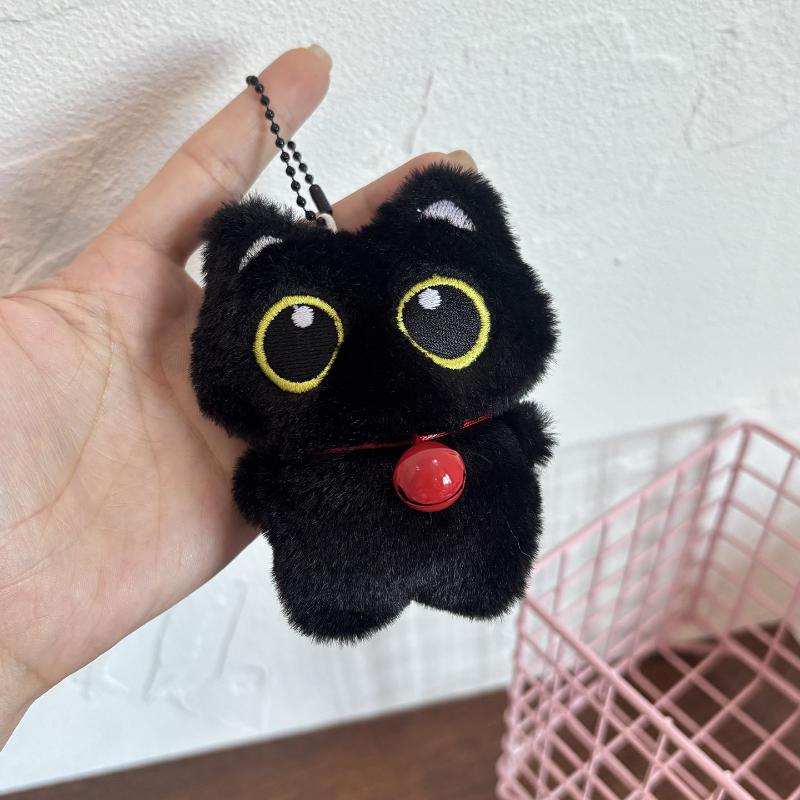 Милый плюшевый подвеска-черный кот с большими глазами и маленькой рыбкой, Креативный аксессуар для сумки для пары, Брелок маленький черный кот