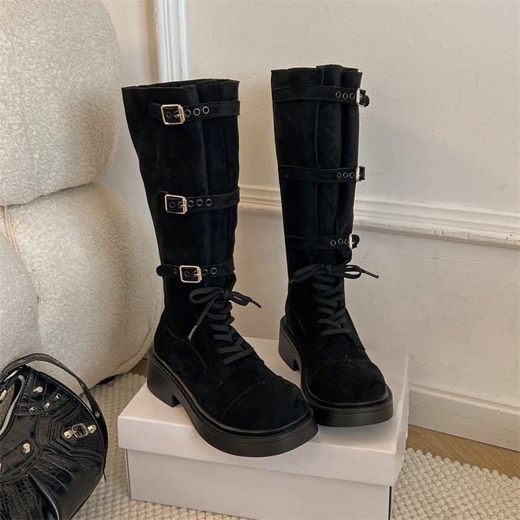Retro boots women's 2025 autumn new belt buckle knight boots but knee but knee two wear boots boots