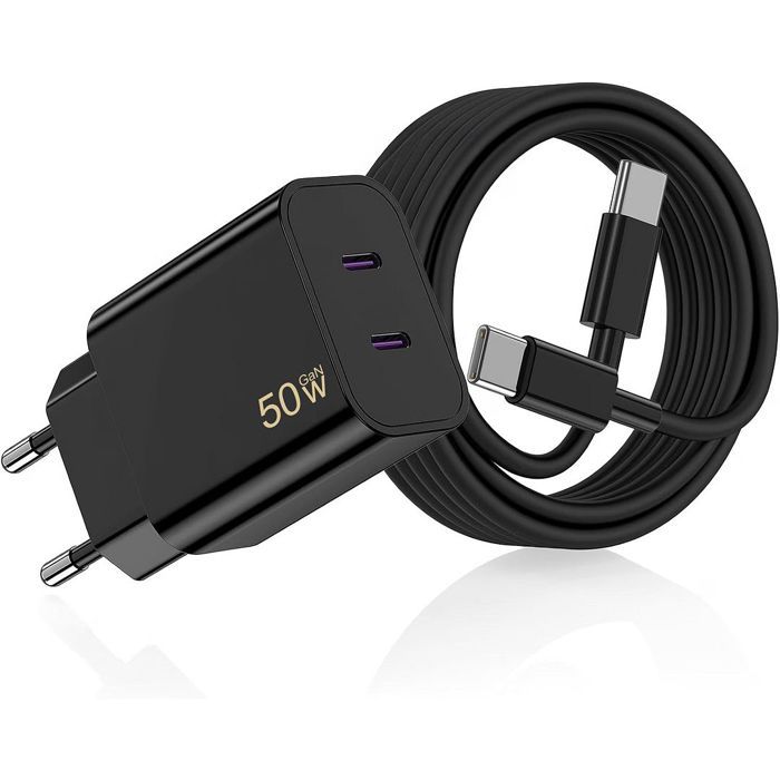 Chargeur Rapide 50W 2 Ports + Câble USB-C 1M pour iPhone Duo iPhone 18 Pro Max iPhone 17 Pro Max 16 15 - Noir