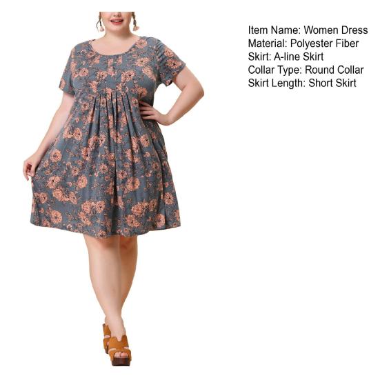Женское платье с круглым вырезом, короткими рукавами, плиссированной деталью, короткое, с цветочным принтом, летящим подолом, свободного кроя, большого размера