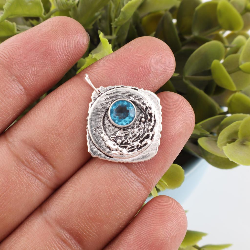 Swiss Blue Topaz Pendant Gemstone, 925 Solid Sterling Silver Pendant Jewelry, Handmade Pendant, Silver Jewelry For Gift